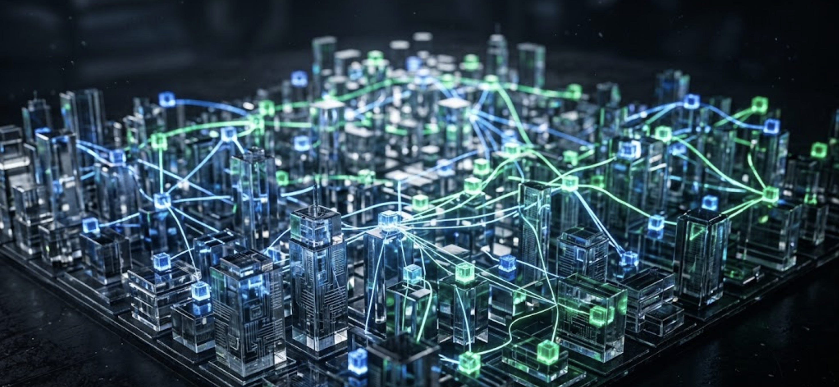 3D glass city representing global sandbox mesh
